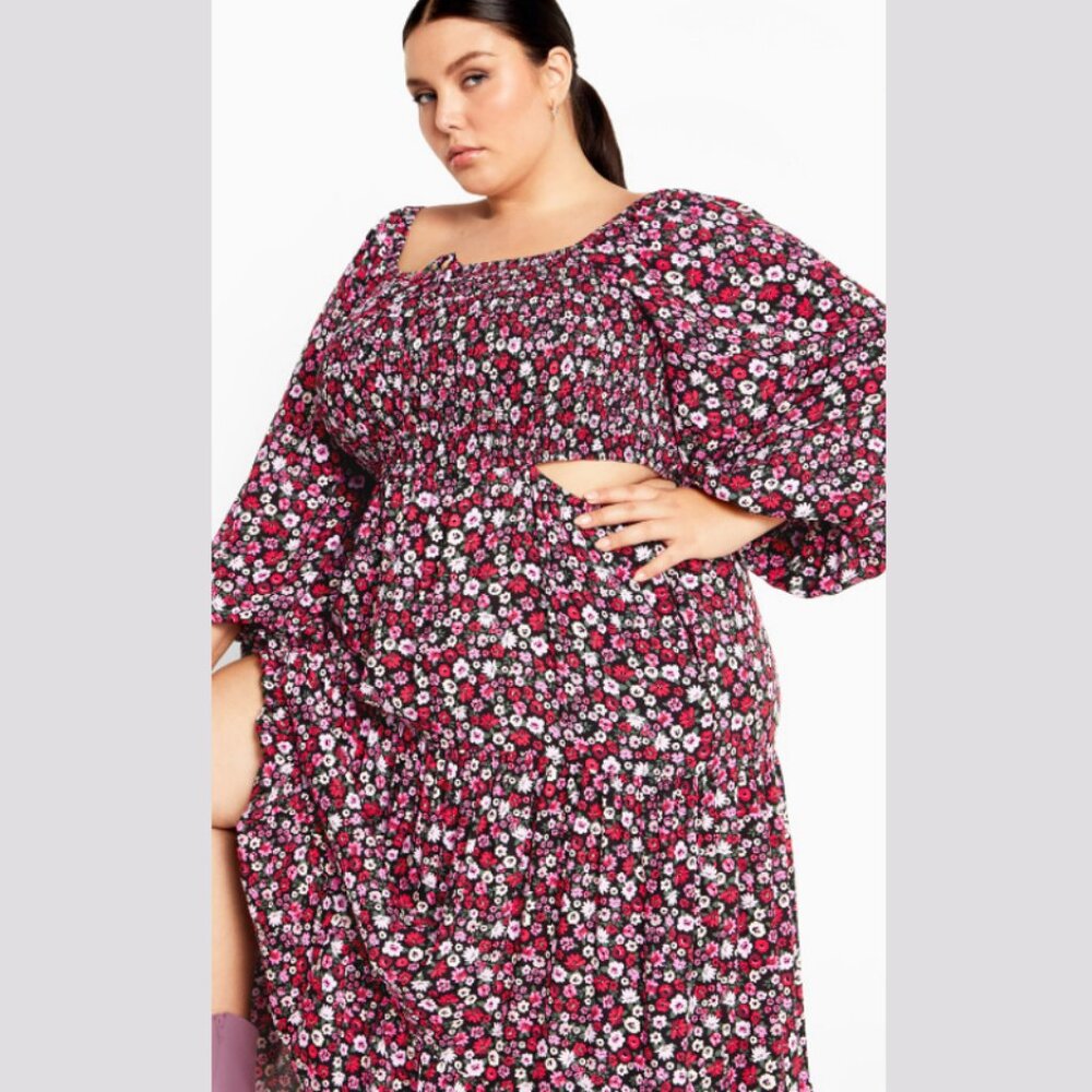 NWT City Chic Floral Smocked Cut-Out Long Sleeve Maxi Dress 18 - Picture 3 of 11